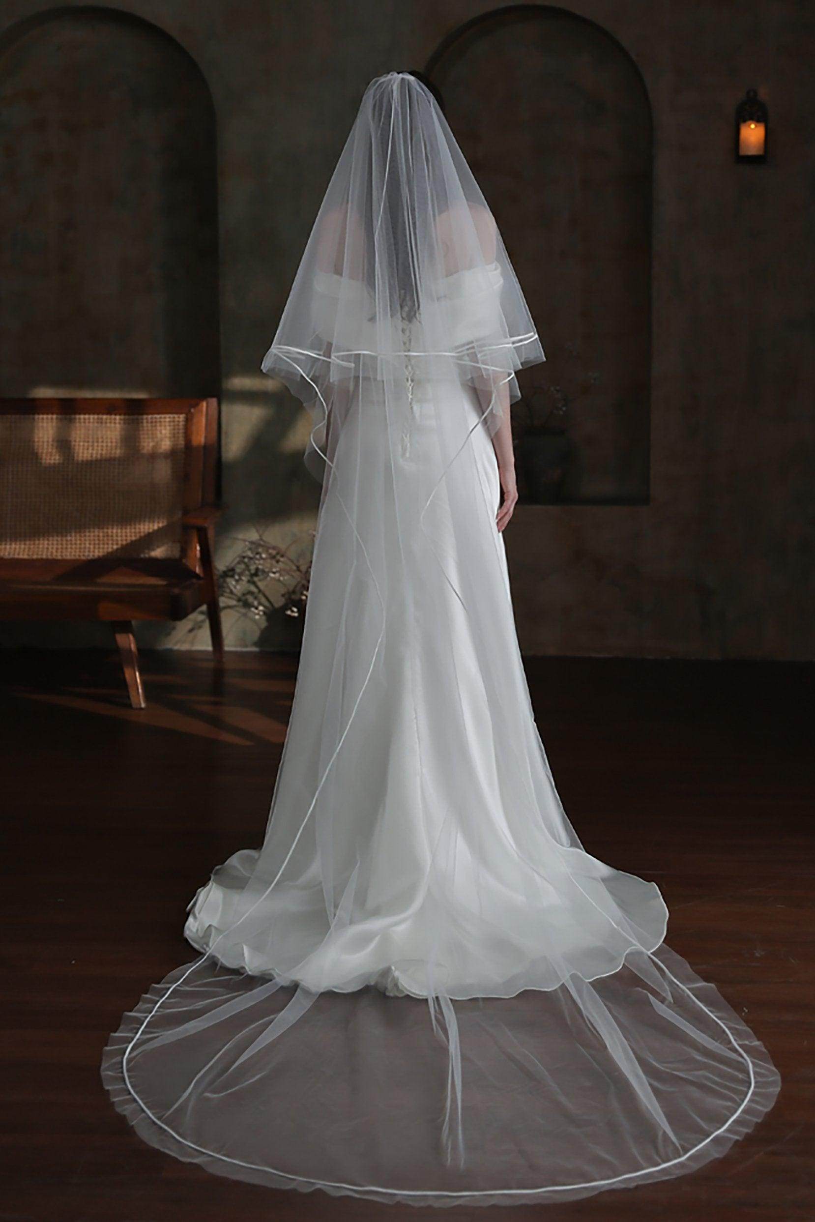 Two-tier Satin Edge Tulle Chapel Veils with Ribbons CV0319 - COCOMELODY